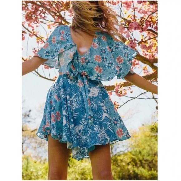 Free People Dresses & Skirts - Free People Dark Star Floral Cutout Mini Dress Blue Size Small S Tropical Beachy